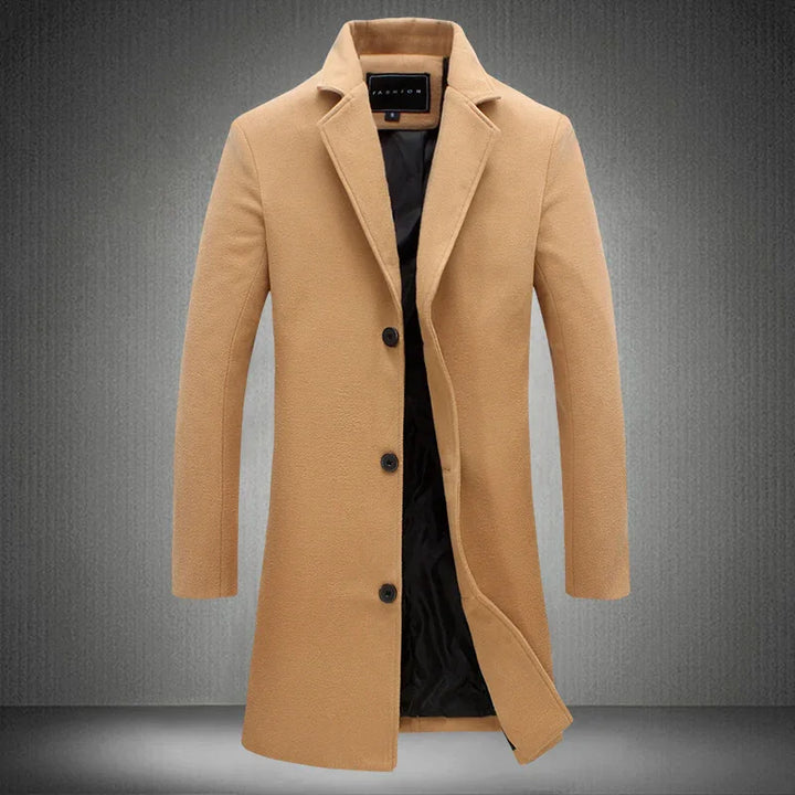 Camel brown men's wool blend coat with black lining and three black buttons on gray background