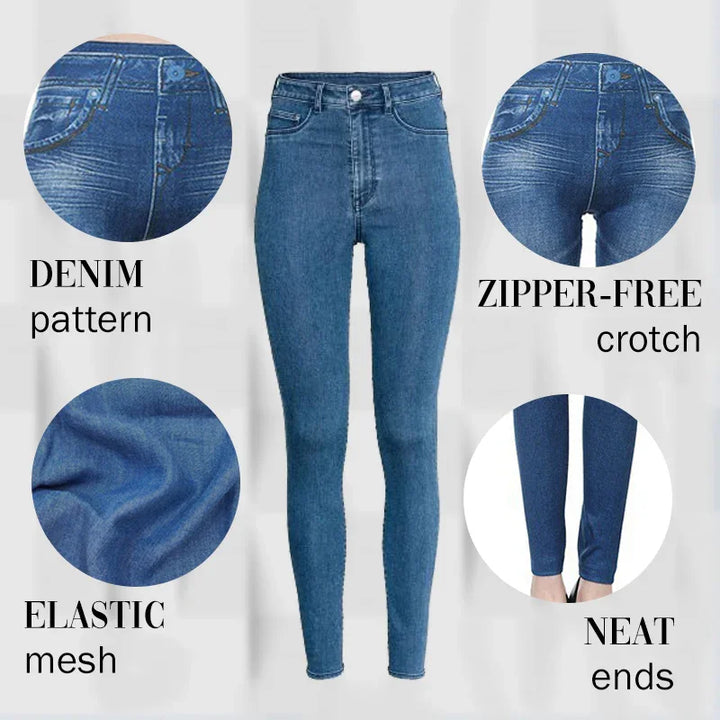 Blue denim-patterned elastic leggings with zipper-free crotch and neat hem ends