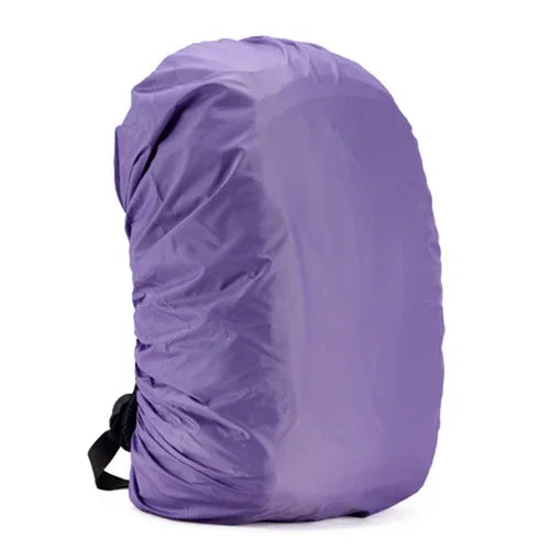 Purple waterproof backpack cover over a backpack on white background