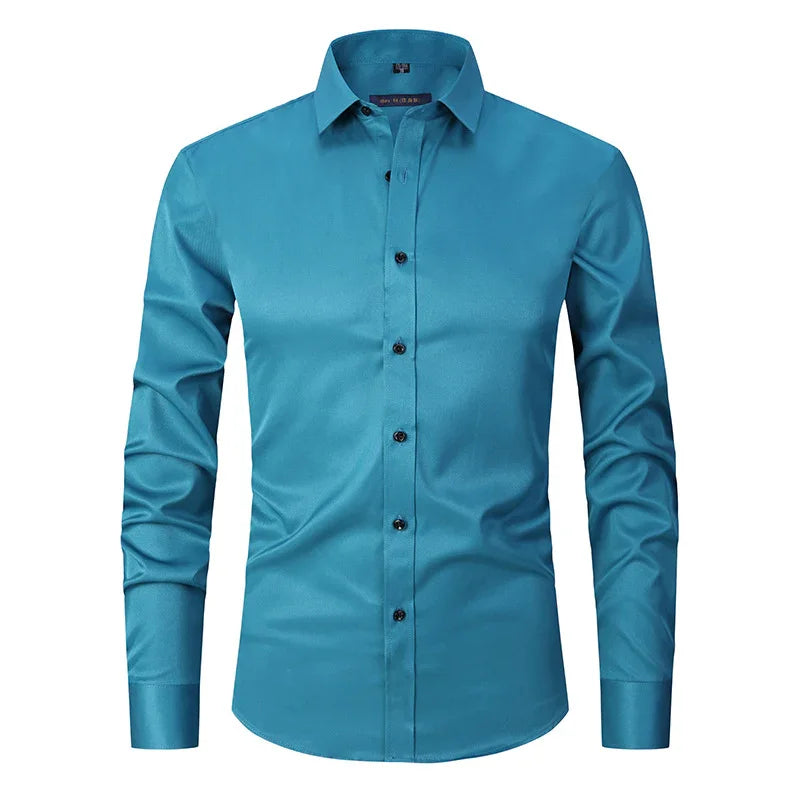 Men's teal blue slim fit long sleeve dress shirt with black buttons