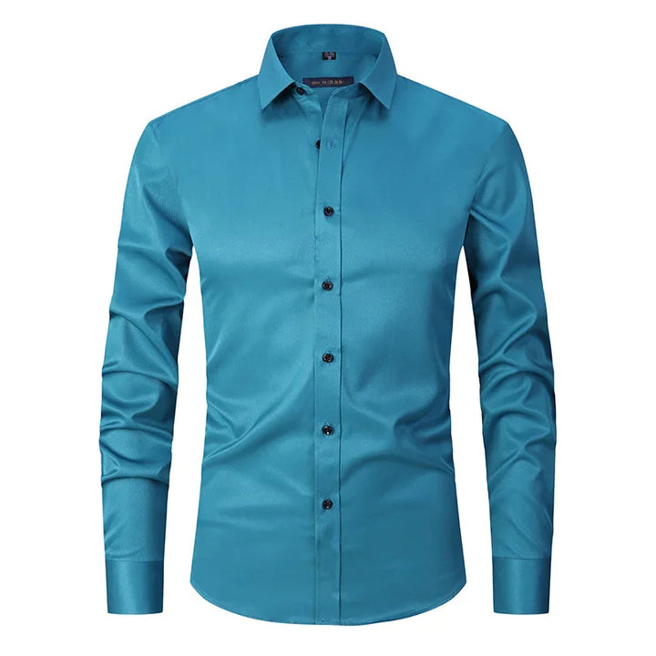 Men's teal blue slim fit long sleeve dress shirt with black buttons