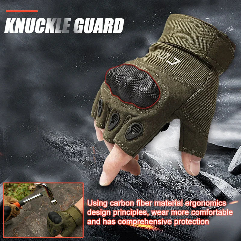 Tactical fingerless glove with knuckle guard made of carbon fiber, designed for protection and comfort