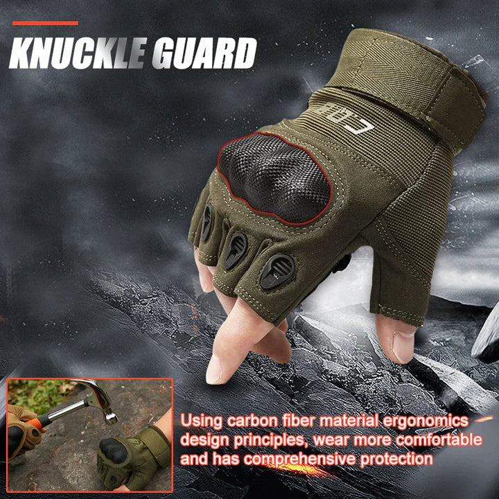 Tactical fingerless glove with knuckle guard made of carbon fiber, designed for protection and comfort