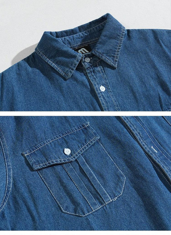 Close-up of blue denim shirt collar and buttoned chest pocket with detailed stitching