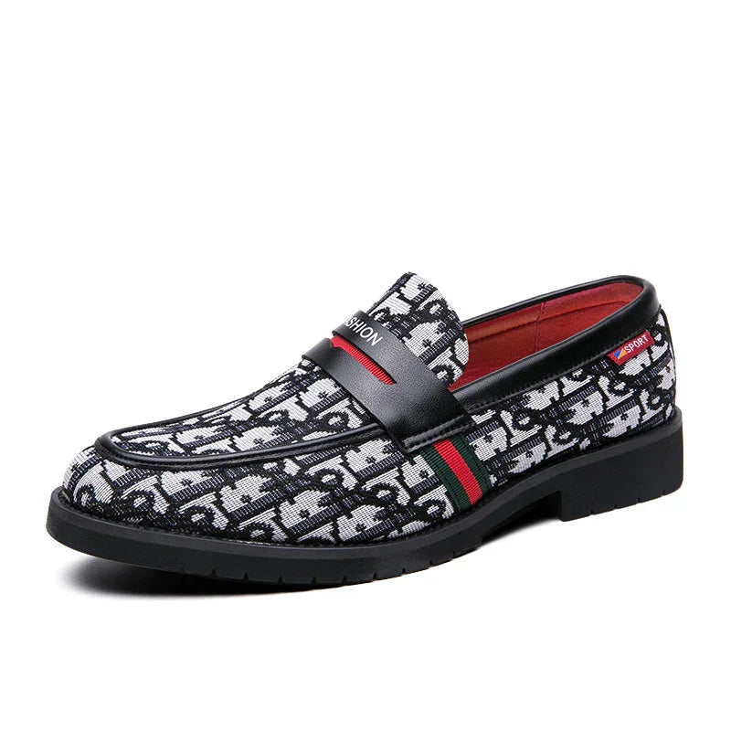 Men's black and white patterned slip-on loafer with red and green stripe and black sole
