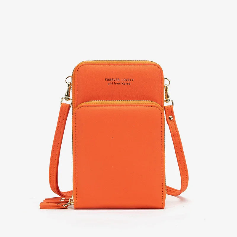 Orange crossbody bag with front zipper pocket and text Forever Lovely girl from Korea