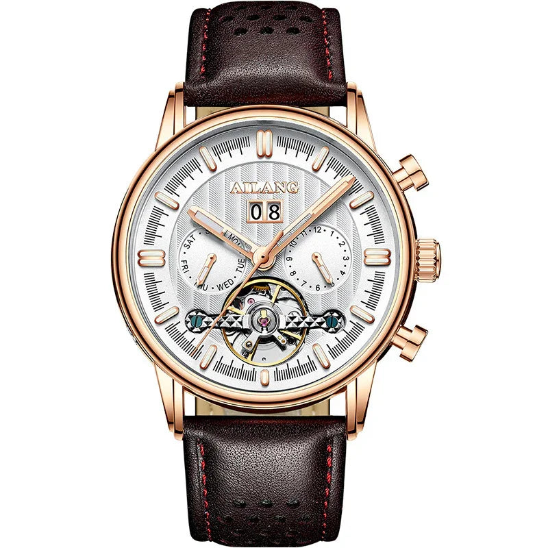 Ailang luxury men's wristwatch with rose gold case, white dial, brown leather strap, and multi-function subdials