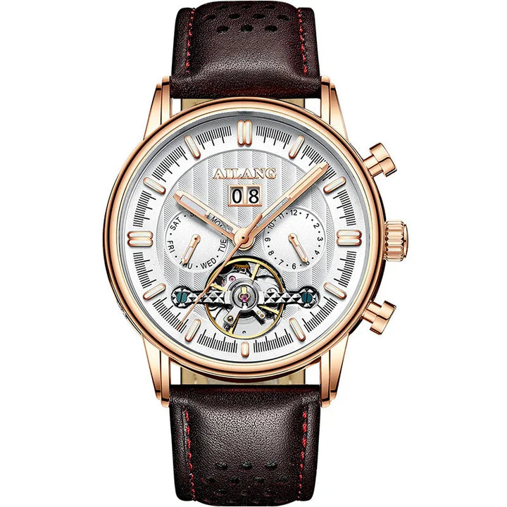Ailang luxury men's wristwatch with rose gold case, white dial, brown leather strap, and multi-function subdials