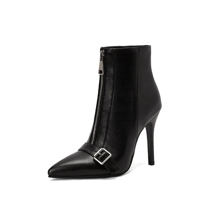 Black leather high-heeled ankle boot with front zipper and decorative buckle strap