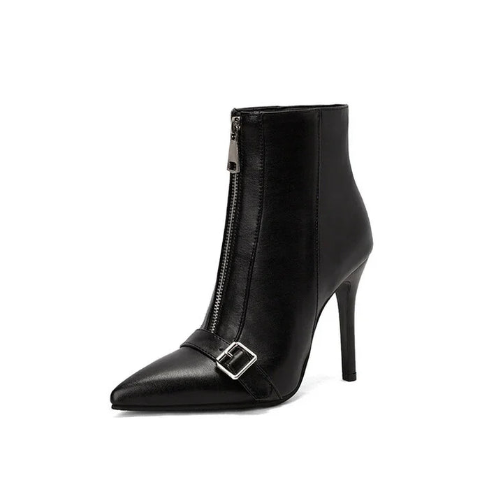 Black leather high-heeled ankle boot with front zipper and decorative buckle strap