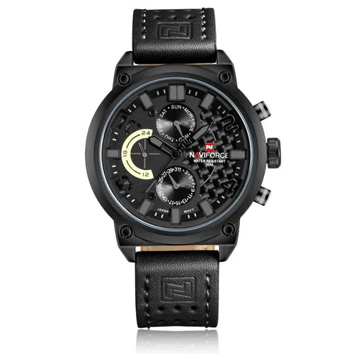 Naviforce black analog wristwatch with leather strap, multiple dials, date and day indicators
