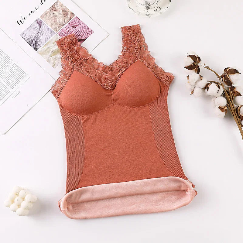 Rust-colored lace-trimmed sleeveless thermal camisole with soft lining on white background