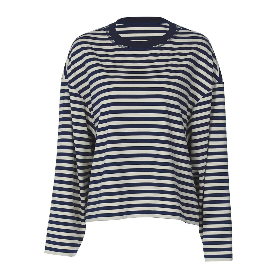 Navy and white striped long sleeve crew neck shirt with relaxed fit