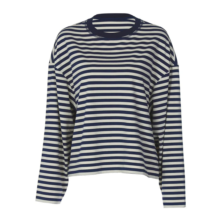 Navy and white striped long sleeve crew neck shirt with relaxed fit
