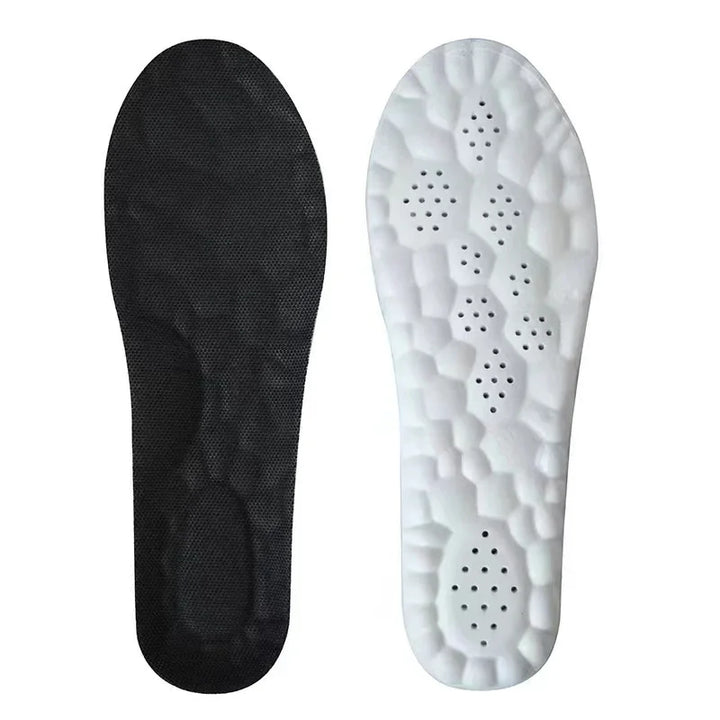 Black and white breathable shoe insoles with honeycomb textured design and ventilation holes