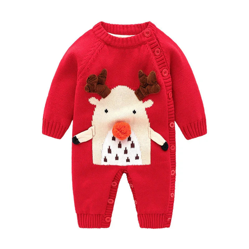 Red baby romper with festive reindeer design, featuring plush antlers and a pom-pom nose