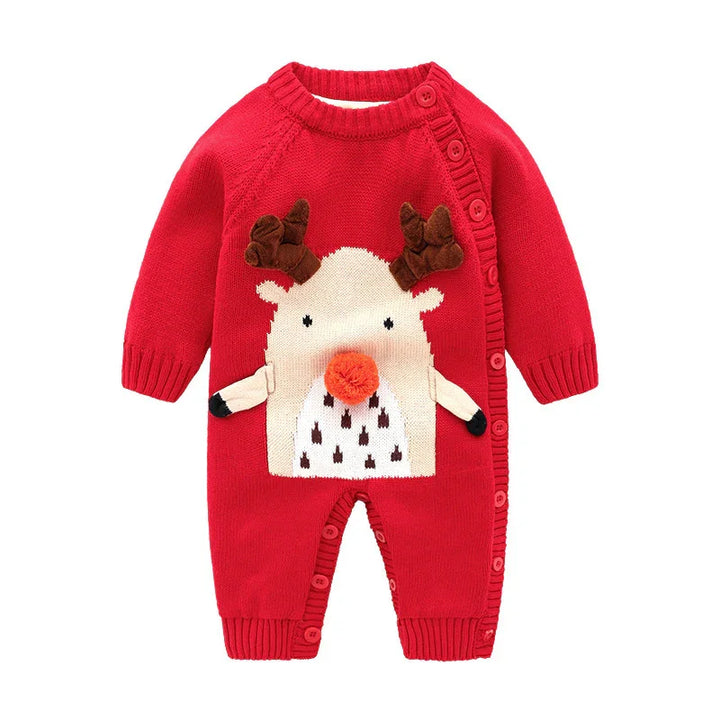 Red baby romper with festive reindeer design, featuring plush antlers and a pom-pom nose
