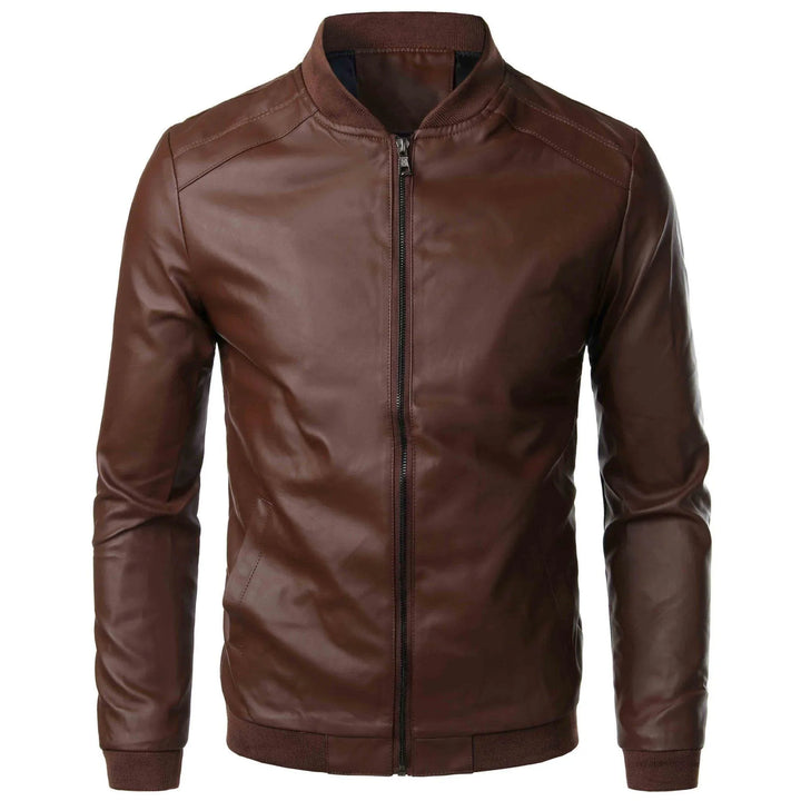 Men's brown leather bomber jacket with front zipper and ribbed collar, cuffs, and hem