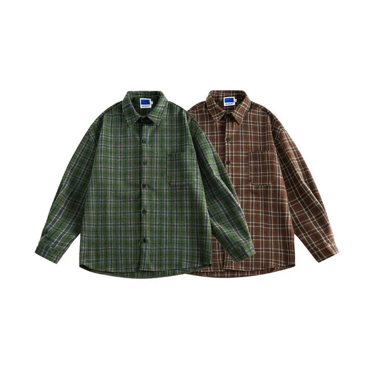 Two plaid flannel shirts in green and brown with button-up front and chest pocket