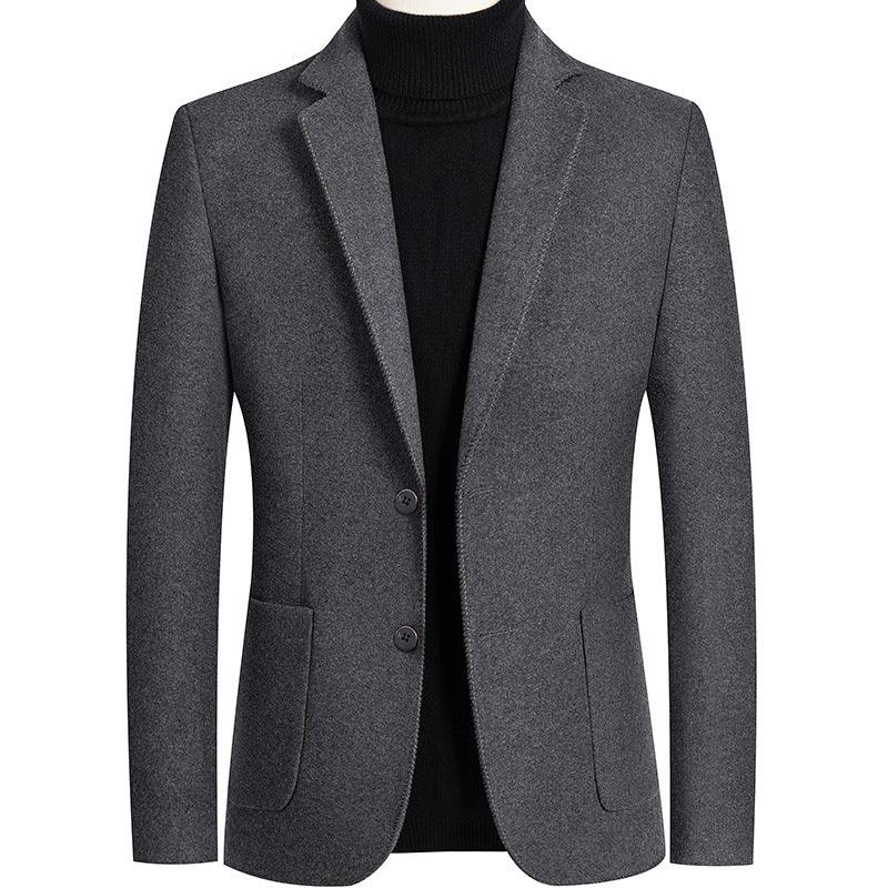 Men's charcoal gray wool blazer paired with black turtleneck sweater