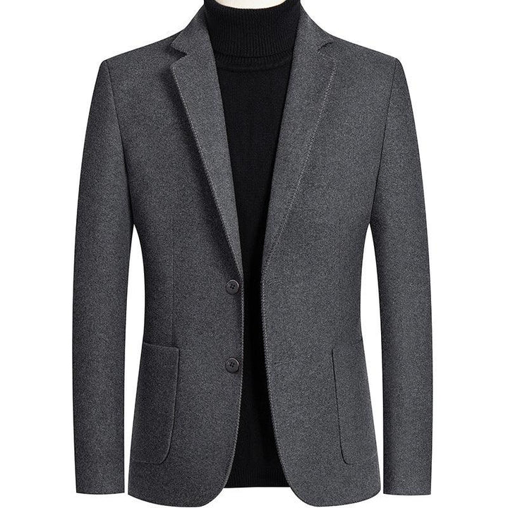 Men's charcoal gray wool blazer paired with black turtleneck sweater