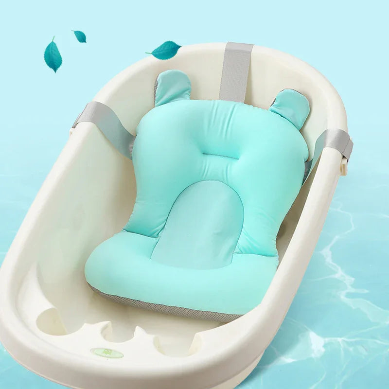 Baby bathtub with aqua blue cushioned bath support featuring bear ears and safety straps