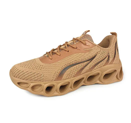 tan breathable mesh athletic sneaker with unique hollow sole design and lace-up closure
