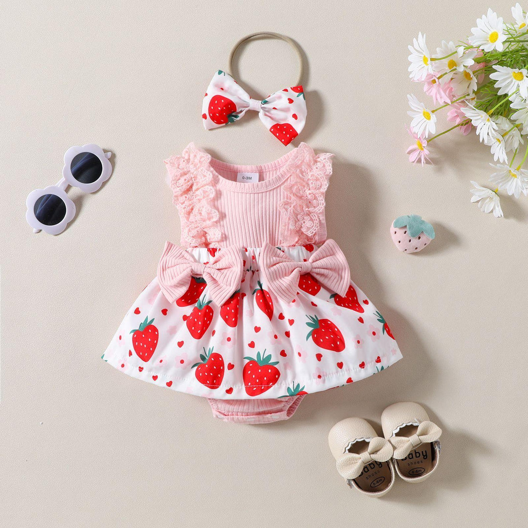 Cute baby girl strawberry print dress set with pink lace bows, headband, sunglasses, and cream shoes