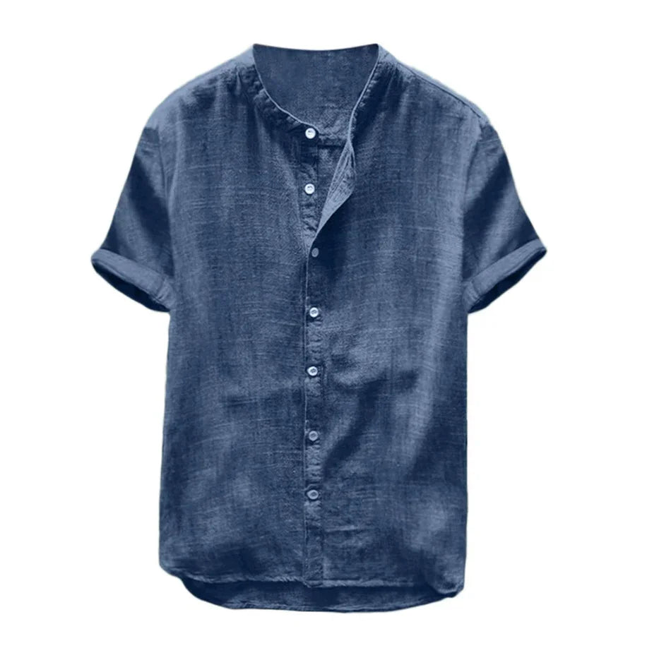 men's casual short sleeve blue linen shirt with mandarin collar and button front