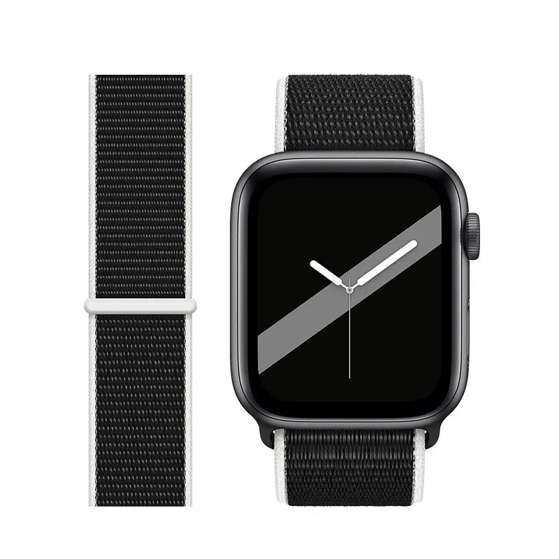 Black digital smartwatch with black and white nylon sport loop band and minimalist watch face