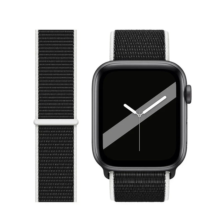 Black digital smartwatch with black and white nylon sport loop band and minimalist watch face
