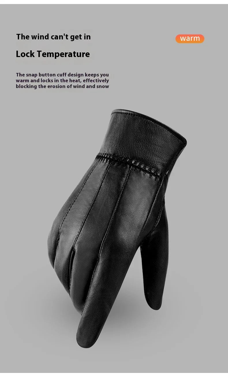 Black leather winter glove with snap button cuff design for warmth and wind protection