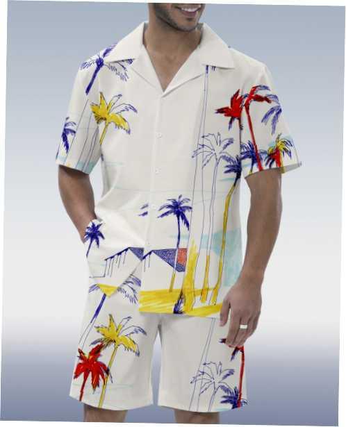 Man wearing white tropical shirt and shorts set with colorful palm tree and beach house print