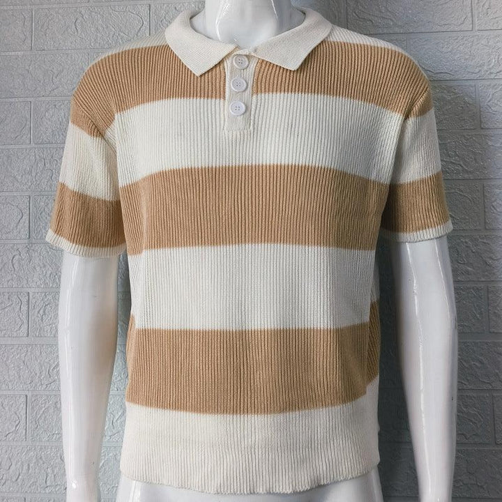 Men's short-sleeve polo shirt with wide beige and white horizontal stripes on mannequin