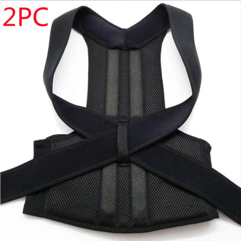 Black adjustable posture corrector brace with breathable mesh and padded straps