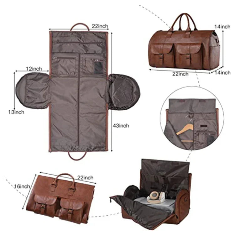 brown leather garment bag suitcase with multiple compartments and dimensions shown