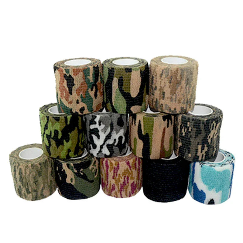 Assorted rolls of camouflage self-adhesive tape in various colors and patterns, stacked