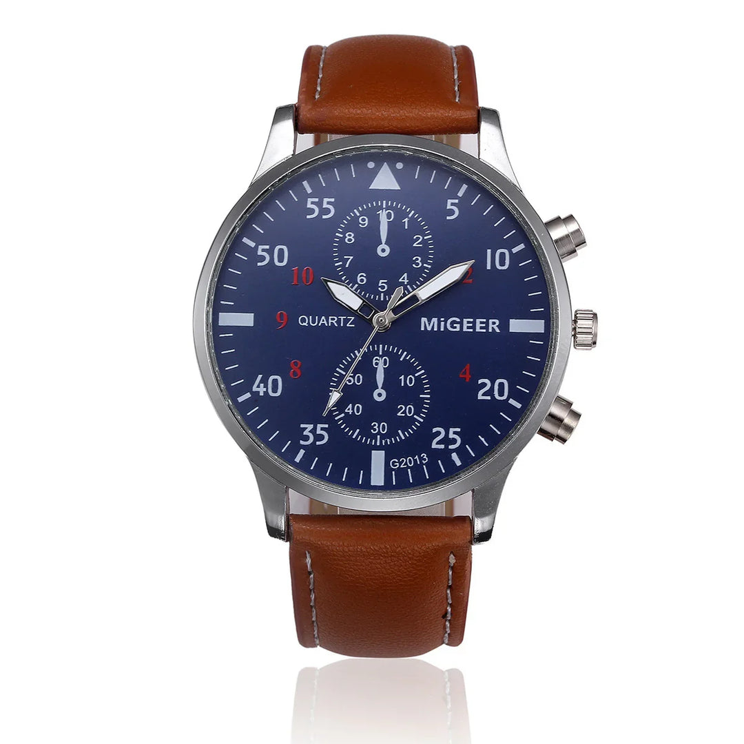 MiGEER quartz wristwatch with blue dial, white and red markings, and brown leather strap