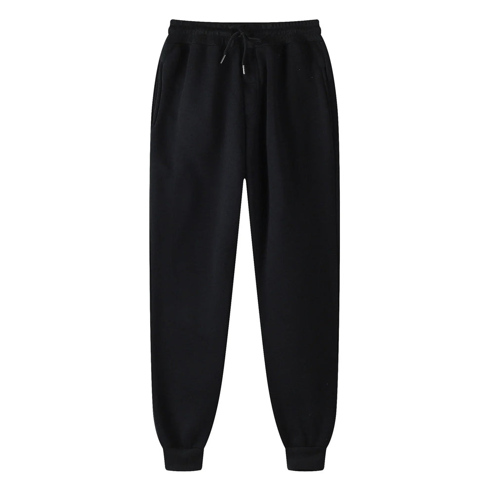 Black casual jogger pants with elastic waistband, drawstring, and cuffed ankles