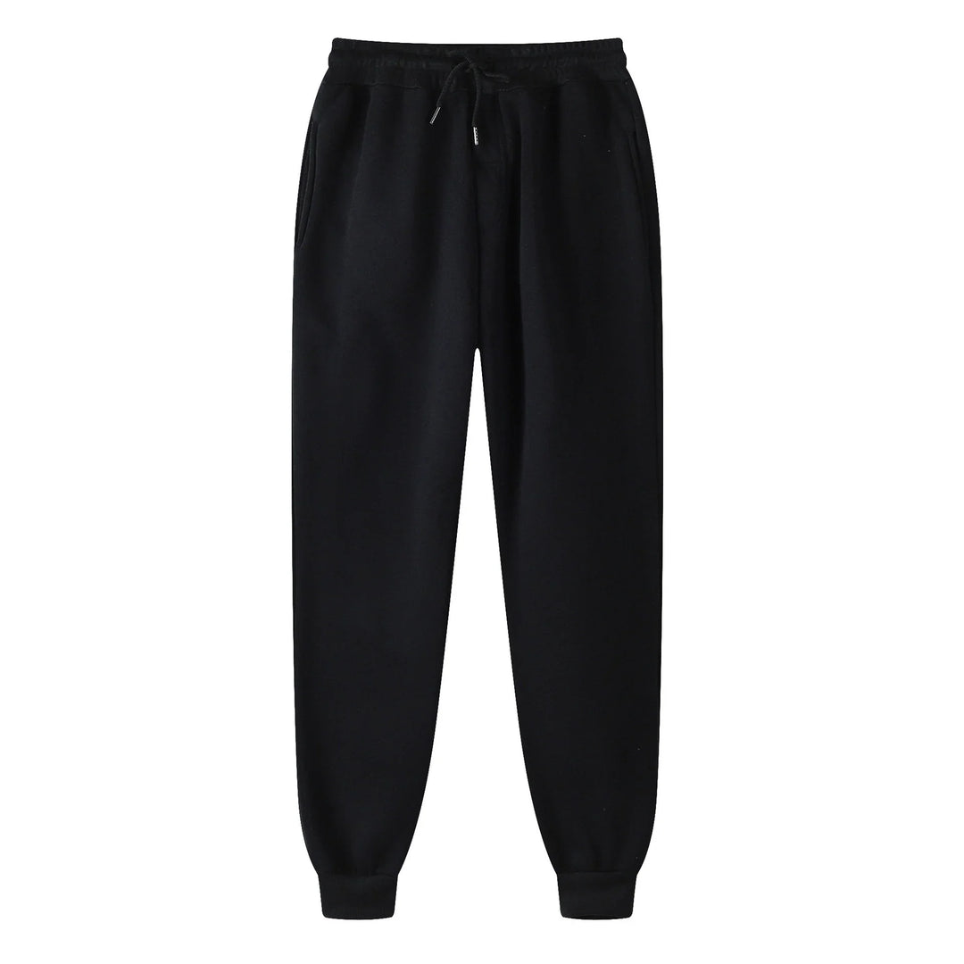 Black casual jogger pants with elastic waistband, drawstring, and cuffed ankles