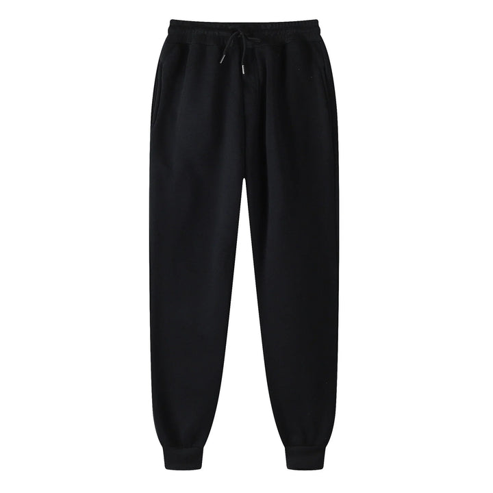 Black casual jogger pants with elastic waistband, drawstring, and cuffed ankles