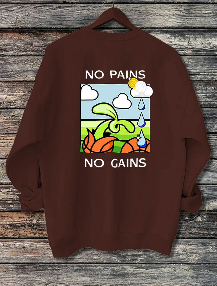 Brown sweatshirt with cartoon plant graphic and text 'No Pains No Gains' hanging on wooden background