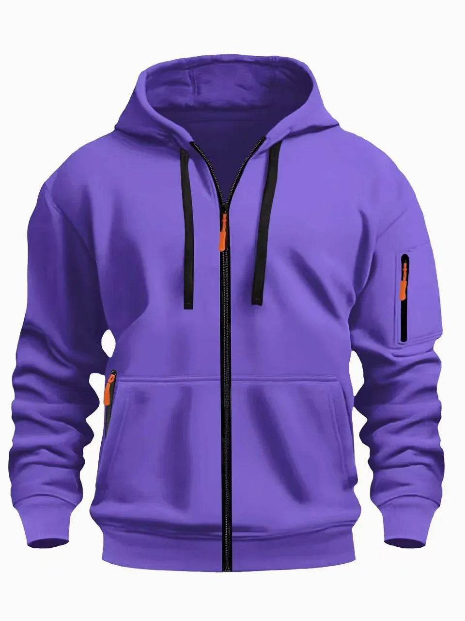 Purple zip-up hoodie with black drawstrings and orange zipper pulls, front and sleeve pockets