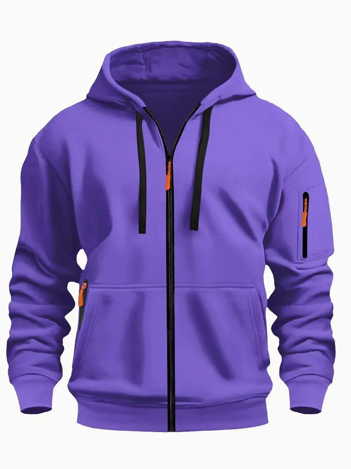Purple zip-up hoodie with black drawstrings and orange zipper pulls, front and sleeve pockets