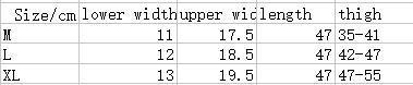 Clothing size chart for M, L, XL with lower width, upper width, length, and thigh measurements in cm.