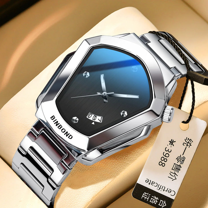 Silver BINBOND wristwatch with black dial, date display, and stainless steel bracelet on beige cushion