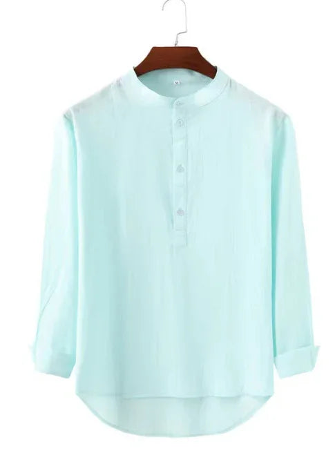 Light blue long sleeve mandarin collar shirt with button placket on wooden hanger