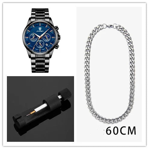 Men's black metal watch with blue dial, black watch battery tool, and 60cm silver chain necklace