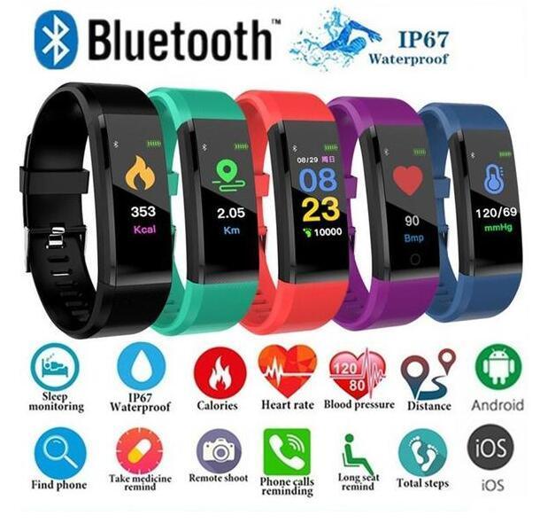 Bluetooth smartwatches in black, green, red, purple, and blue with fitness tracking features like heart rate, calories, blood pressure, and distance