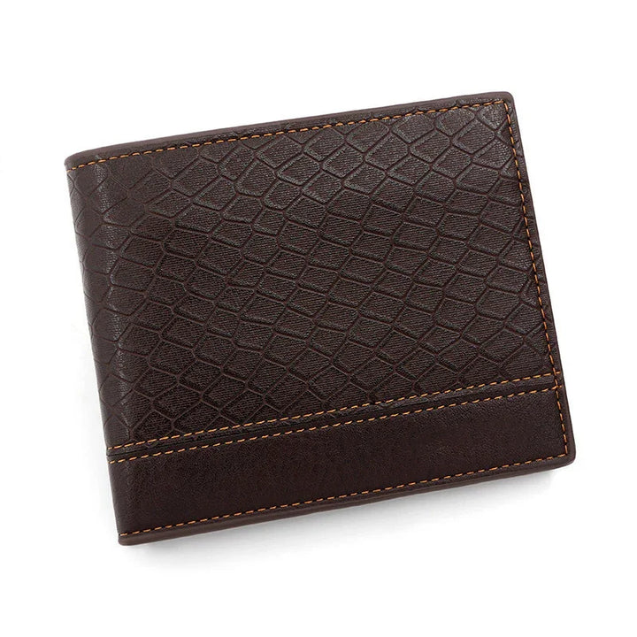 Brown men's leather wallet with textured crocodile pattern and orange stitching on white background